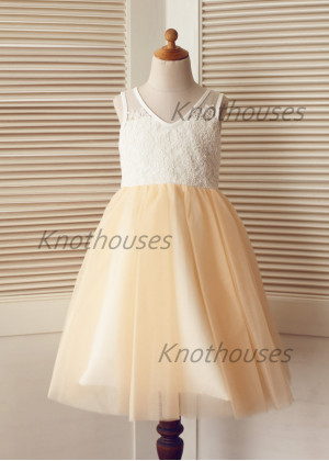 Ivory Lace Champagne Tulle V Neck Tea Length Flower Girl Dress
